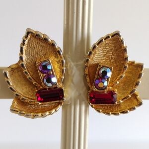 B.S.K. Gold Leaves AB Red Crystal Clip Earrings Vintage